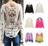 T-shirt Semi Sexy Sheer  bordado floral Lace Crochet